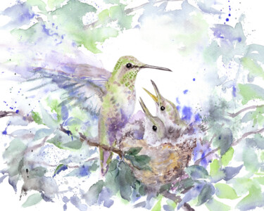 Pintura intitulada "Hummingbird with ch…" por Alena Masterkova, Obras de arte originais, Aquarela