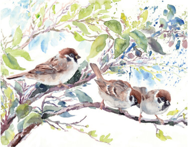 Painting titled "Morning sparrows on…" by Alena Masterkova, Original Artwork, Watercolor