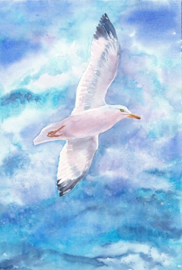 Painting titled "Flying seagull on b…" by Alena Masterkova, Original Artwork, Watercolor
