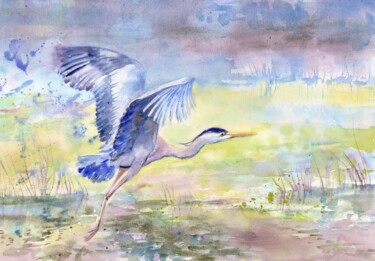 Peinture intitulée "Flying blue Heron o…" par Alena Masterkova, Œuvre d'art originale, Aquarelle