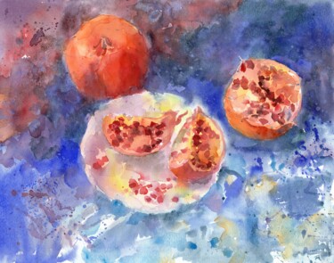 Painting titled "Pomegranates on a b…" by Alena Masterkova, Original Artwork, Watercolor