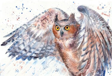 Pintura intitulada "Owl with spread win…" por Alena Masterkova, Obras de arte originais, Aquarela