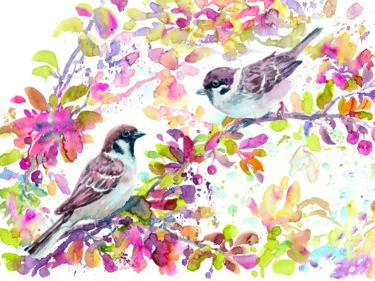 Картина под названием "Sparrows in red" - Alena Masterkova, Подлинное произведение искусства, Акварель