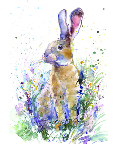 Painting titled "Hare in the grass" by Alena Masterkova, Original Artwork, Watercolor