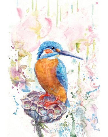 Kingfisher on the lotus Painting titled "Kingfisher on the l…" by Alena Masterkova, Original Art, Watercolor