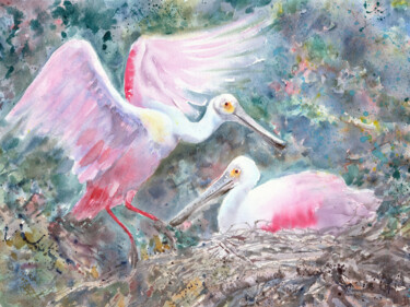 Peinture intitulée "Pair of Roseate spo…" par Alena Masterkova, Œuvre d'art originale, Aquarelle