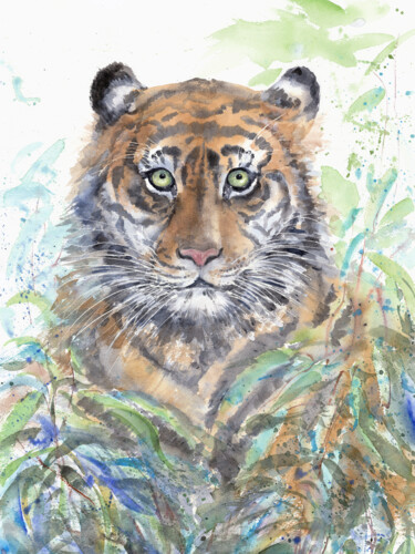 Painting titled "Tiger in the thicke…" by Alena Masterkova, Original Artwork, Watercolor