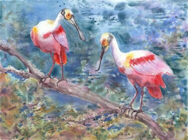 Painting titled "Pair of Roseate spo…" by Alena Masterkova, Original Artwork, Watercolor