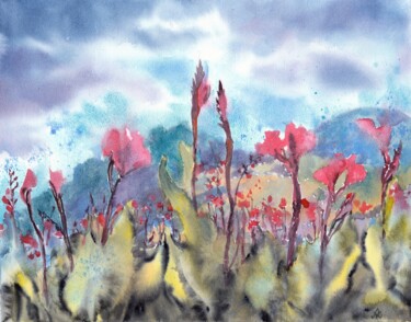 Painting titled "Red and blue 2" by Alena Masterkova, Original Artwork, Watercolor