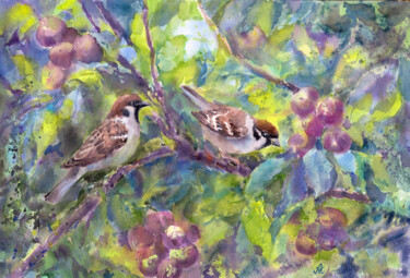 Painting titled "Sparrows and figs" by Alena Masterkova, Original Artwork, Watercolor