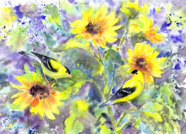 Peinture intitulée "Gold finches in sun…" par Alena Masterkova, Œuvre d'art originale, Aquarelle