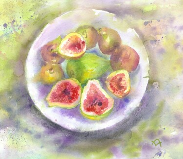 Painting titled "Figs on a platter" by Alena Masterkova, Original Artwork, Watercolor