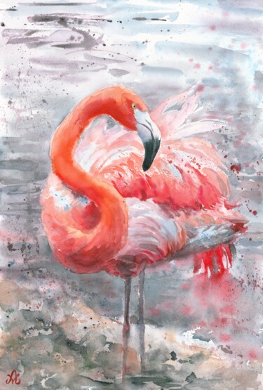 Pintura titulada "Big Flamingo" por Alena Masterkova, Obra de arte original, Acuarela