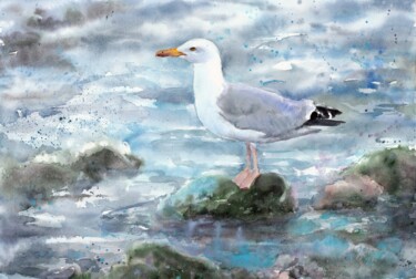 Painting titled "Big Seagull" by Alena Masterkova, Original Artwork, Watercolor