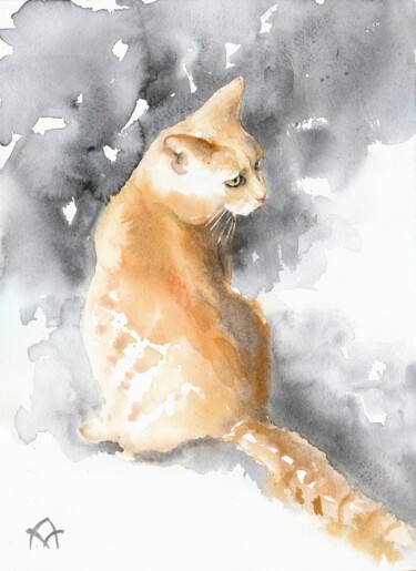 Painting titled "Ginger kitten 1" by Alena Masterkova, Original Artwork, Watercolor