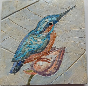 Sculpture titled "Kingfisher on lotus" by Alena Masterkova, Original Artwork, Mosaic