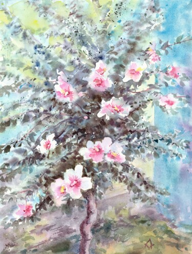 Schilderij getiteld "Blooming hibiscus t…" door Alena Masterkova, Origineel Kunstwerk, Aquarel