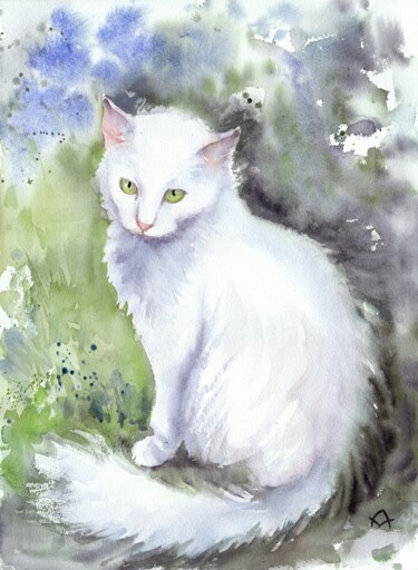 Painting titled "White cat" by Alena Masterkova, Original Artwork, Watercolor