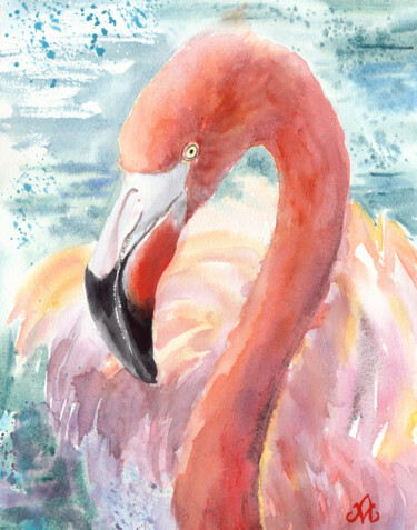 Malerei mit dem Titel "Portrait of flamingo" von Alena Masterkova, Original-Kunstwerk, Aquarell