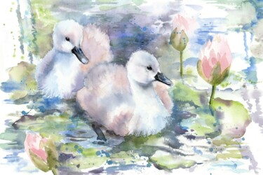 Painting titled "Little swans and wa…" by Alena Masterkova, Original Artwork, Watercolor