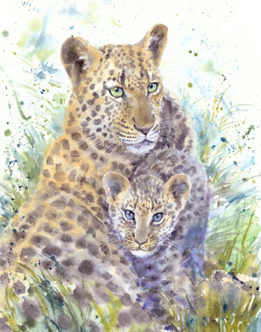 Sculpture titled "Leopard family" by Alena Masterkova, Original Artwork, Watercolor