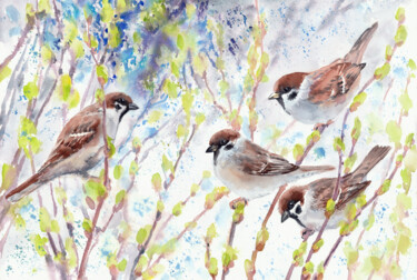 Painting titled "Sparrows in spring" by Alena Masterkova, Original Artwork, Watercolor