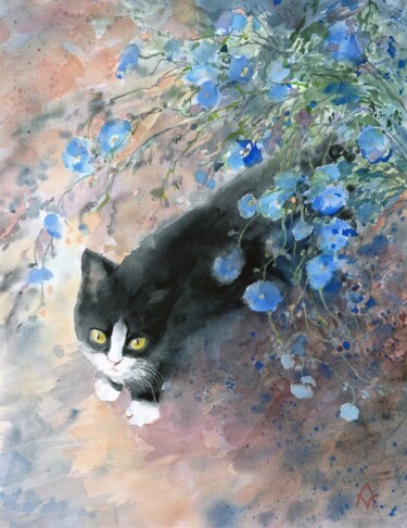 Painting titled "Black kitten" by Alena Masterkova, Original Artwork, Watercolor