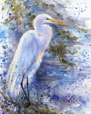Peinture intitulée "White heron" par Alena Masterkova, Œuvre d'art originale, Aquarelle