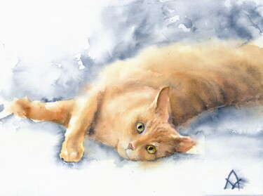 Painting titled "Lying ginger cat" by Alena Masterkova, Original Artwork, Watercolor