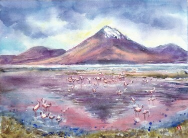 Schilderij getiteld "Flamingo lake" door Alena Masterkova, Origineel Kunstwerk, Aquarel