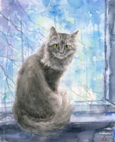 Painting titled "March and cat" by Alena Masterkova, Original Artwork, Watercolor