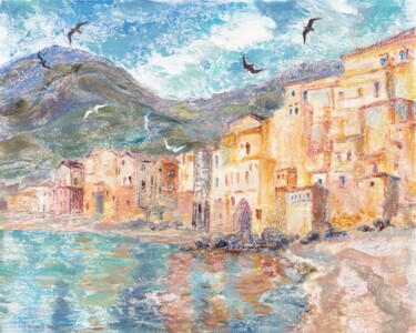 Malerei mit dem Titel "Seagulls in Cefalu" von Alena Masterkova, Original-Kunstwerk, Öl