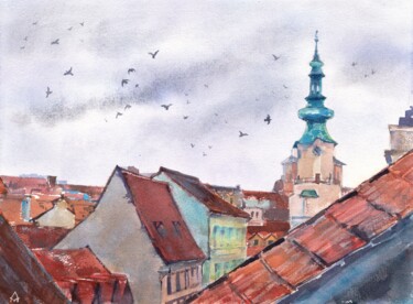 Pintura intitulada "Bratislava. Rooftop…" por Alena Masterkova, Obras de arte originais, Aquarela