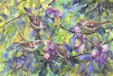 Painting titled "Sparrows on a fig t…" by Alena Masterkova, Original Artwork, Watercolor