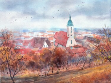 Pintura intitulada "Autumn in Bratislava" por Alena Masterkova, Obras de arte originais, Aquarela