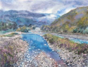 Painting titled "Mountain river" by Alena Masterkova, Original Artwork, Watercolor