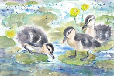 Painting titled "Ducklings in water…" by Alena Masterkova, Original Artwork, Watercolor