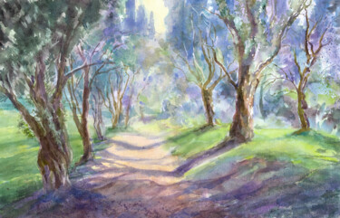 Painting titled "Road among the oliv…" by Alena Masterkova, Original Artwork, Watercolor