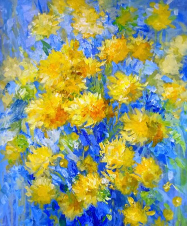 Painting titled "Gold on blue" by Alena Masterkova, Original Artwork, Acrylic Mounted on Wood Stretcher frame