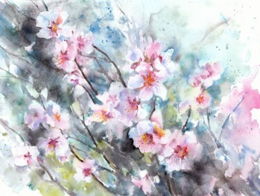 Painting titled "Blossoming almond" by Alena Masterkova, Original Artwork, Watercolor