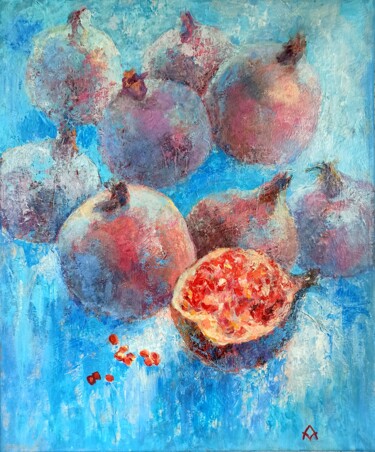 Schilderij getiteld "Pomegranates" door Alena Masterkova, Origineel Kunstwerk, Acryl Gemonteerd op Frame voor houten brancard