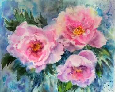 Painting titled "Pink peonies" by Alena Masterkova, Original Artwork, Watercolor