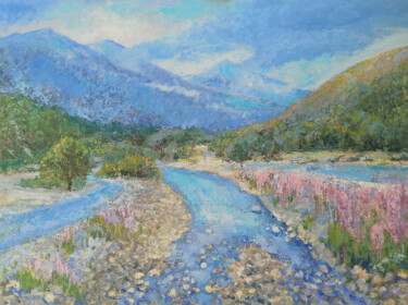 Painting titled "River in the mounta…" by Alena Masterkova, Original Artwork, Oil