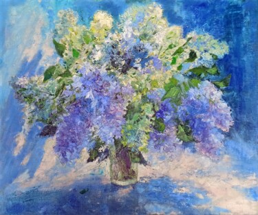 Peinture intitulée "Lilac on blue" par Alena Masterkova, Œuvre d'art originale, Huile Monté sur Châssis en bois