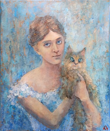 Painting titled "Girl with a cat" by Alena Masterkova, Original Artwork, Acrylic Mounted on Wood Stretcher frame