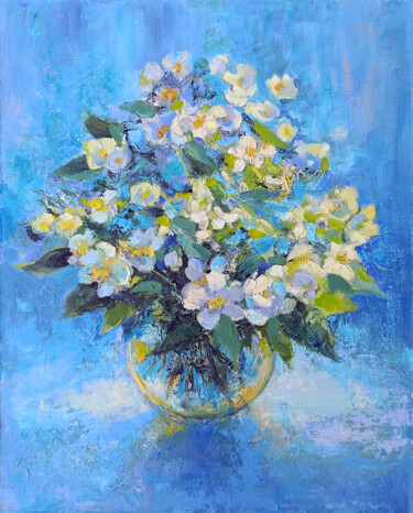 Painting titled "Jasmine on blue" by Alena Masterkova, Original Artwork, Oil Mounted on Wood Stretcher frame
