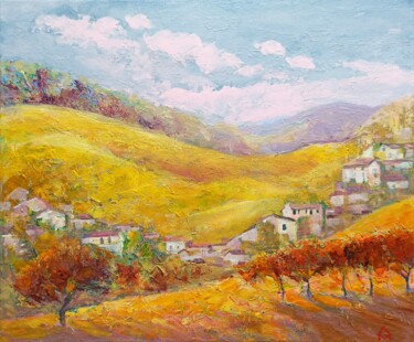 Картина под названием "Golden hills" - Alena Masterkova, Подлинное произведение искусства, Акрил Установлен на Деревянная ра…