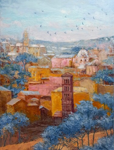 Painting titled "Swallow city" by Alena Masterkova, Original Artwork, Oil