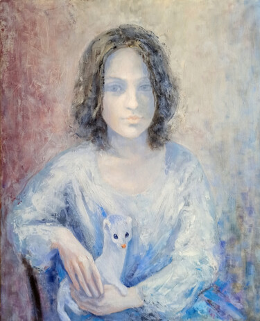 Painting titled "Girl with ermine" by Alena Masterkova, Original Artwork, Oil Mounted on Wood Stretcher frame