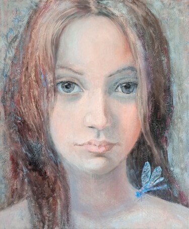 Pintura intitulada "Blue Dragonfly flig…" por Alena Masterkova, Obras de arte originais, Óleo Montado em Armação em madeira